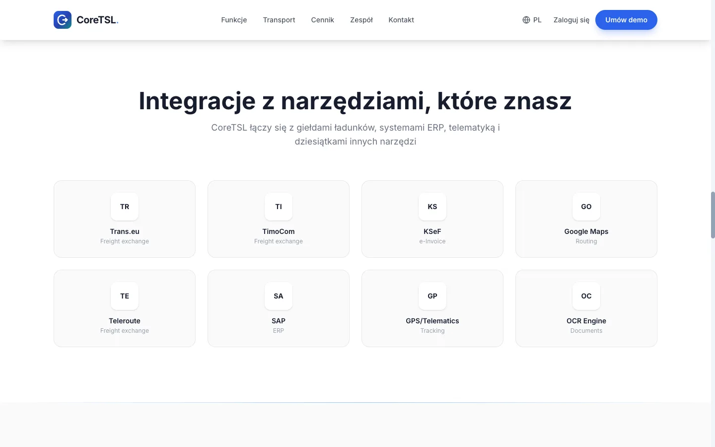 CoreTSL - Integracje - giełdy ładunków, ERP, telematyka