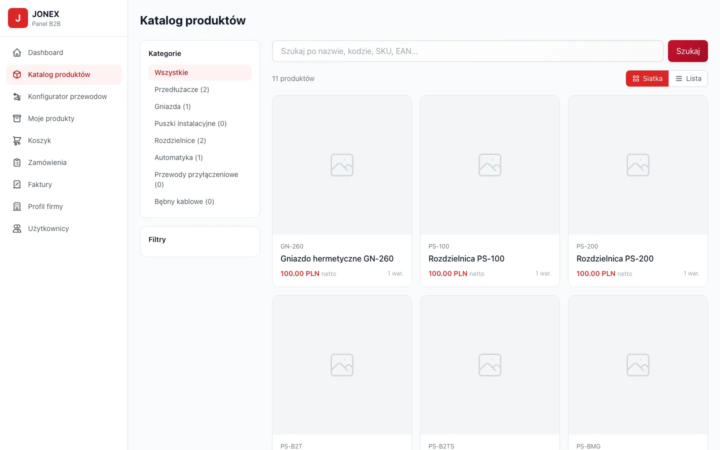 Platforma B2B - katalog produktów z SKU i kategoriami