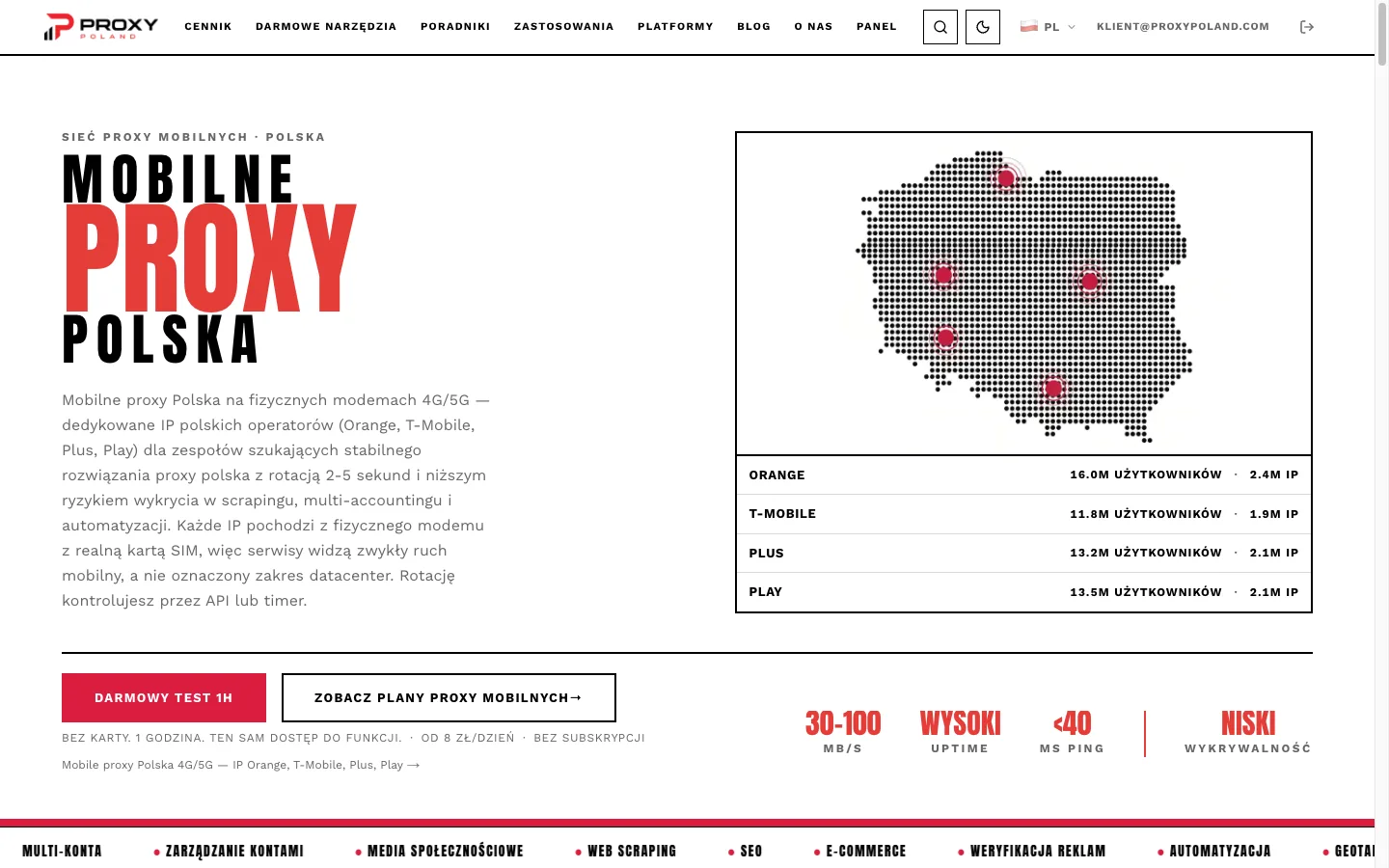 Proxy Poland - Pierwszy ekran - oferta mobilnych proxy 4G/5G