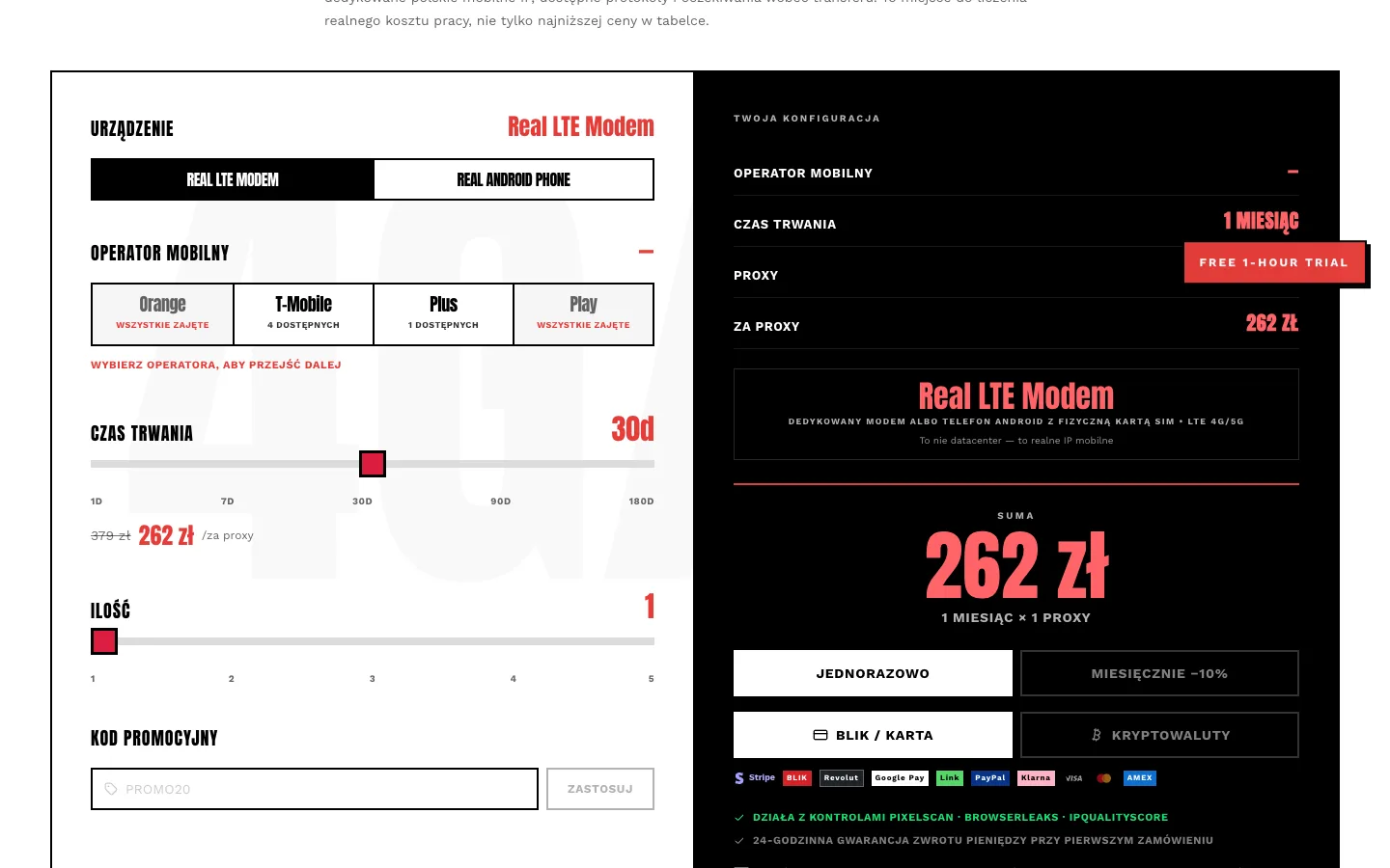 Proxy Poland - Konfigurator usługi i checkout z płatnościami