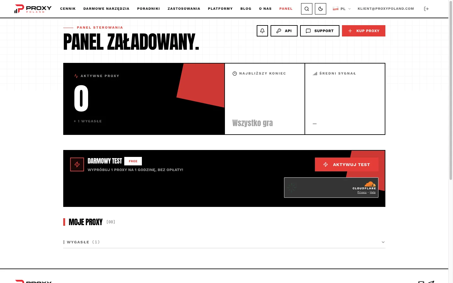 Proxy Poland - panel użytkownika - aktywne usługi, test 1h i dostęp do API