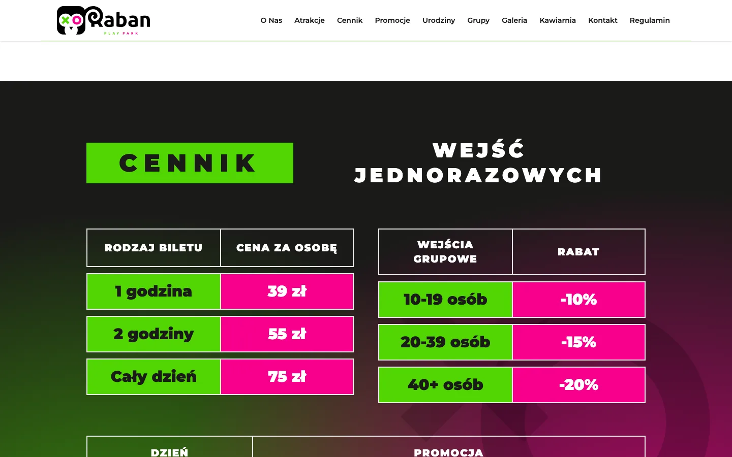 Strona firmowa usługi - Cennik wejść i rabaty grupowe