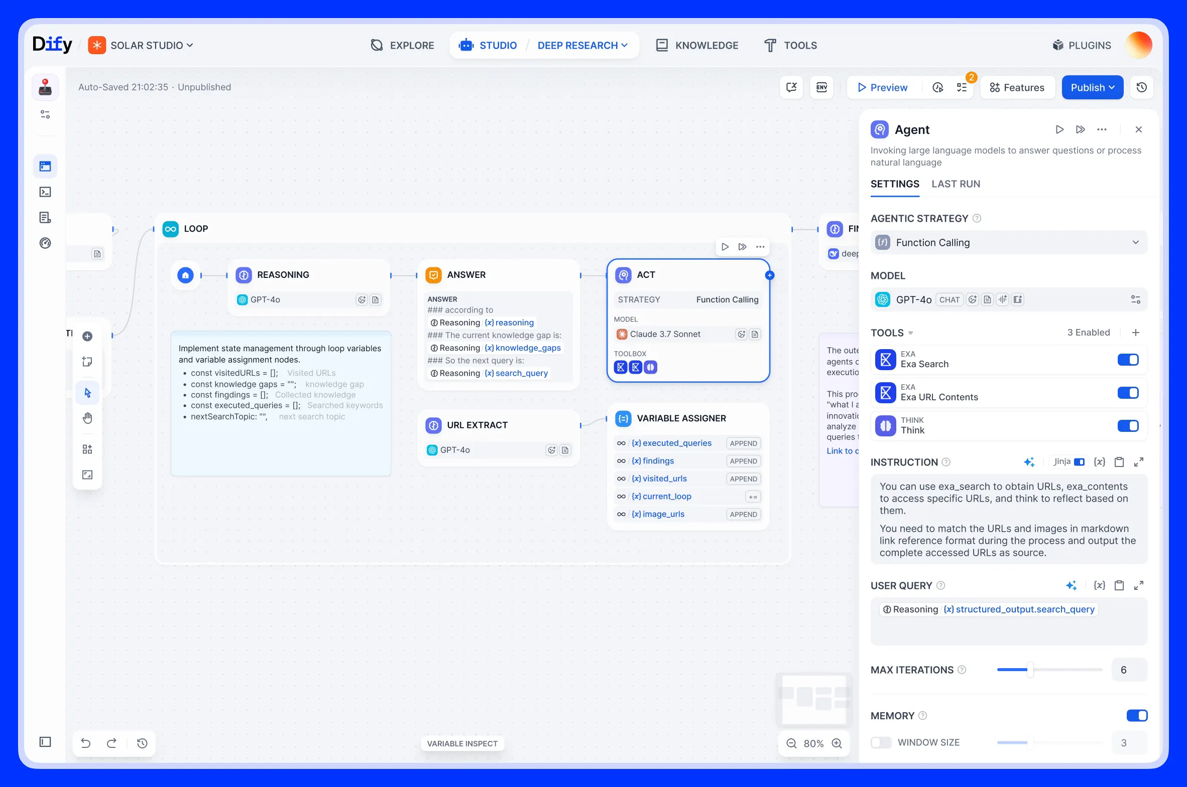 Wizualny panel Dify: workflow agenta AI