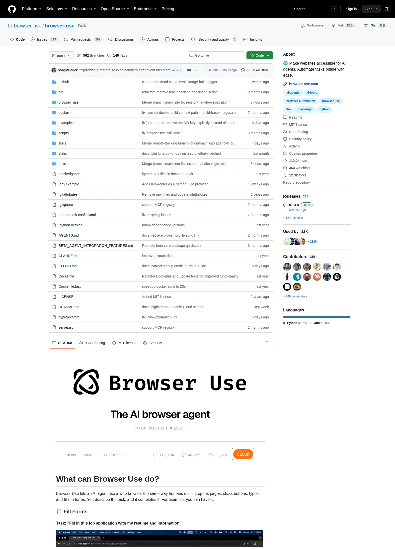 Zrzut repozytorium browser-use/browser-use na GitHubie